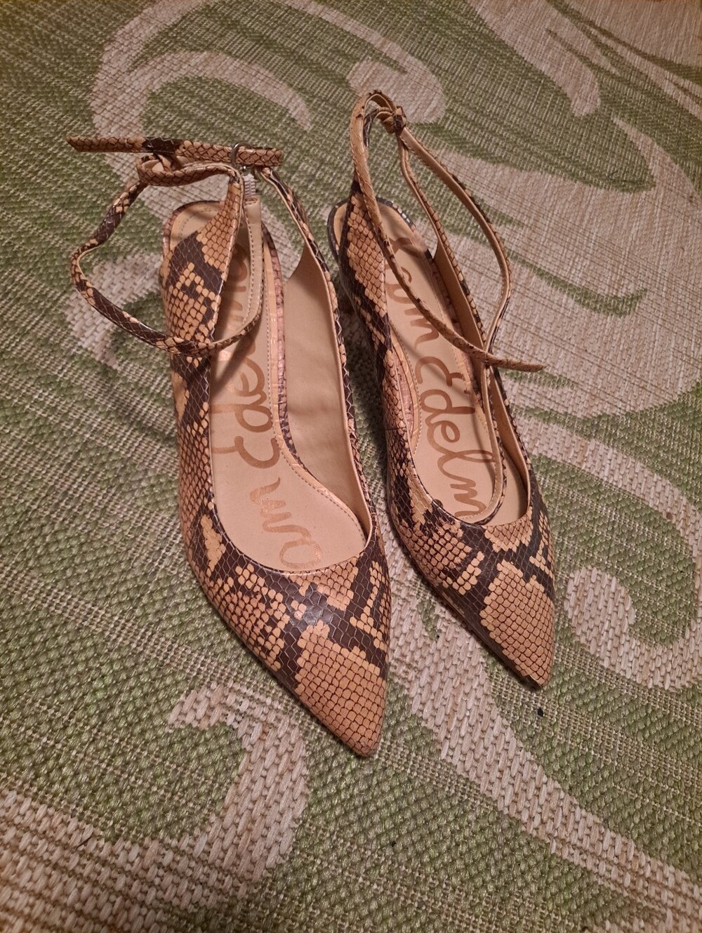 Sam Edelman Pointed Snake-Print Ankle Tie Tan and Black 2 Inch Heels